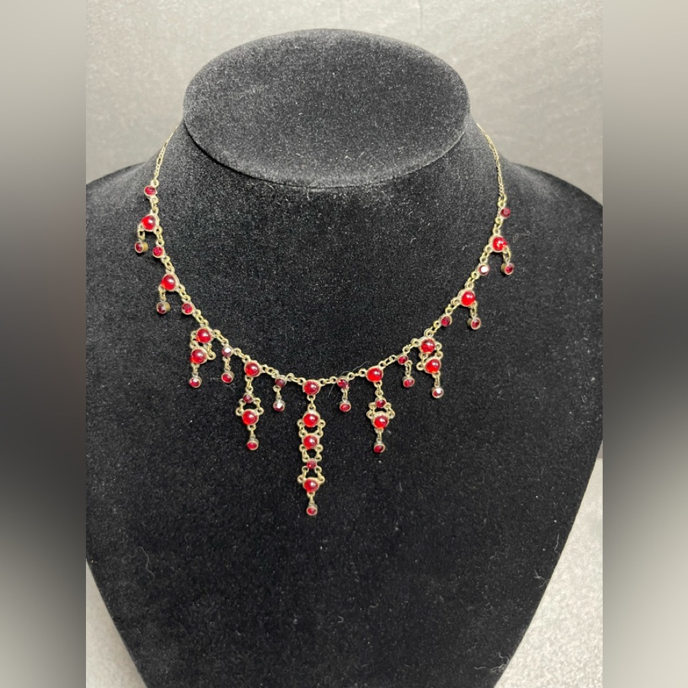 Elegant Vintage Gold Toned and Red Dangle Necklace